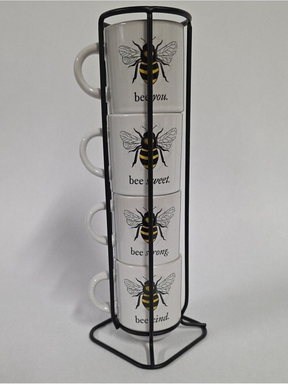 Bumblebee Stackable Expresso Mug Set Bee Motif Motivational Phrases 3 Oz. Each